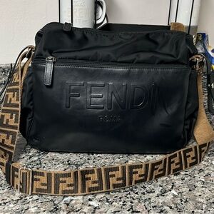 Fendi Black Messenger Bag with Logo Tan Strap